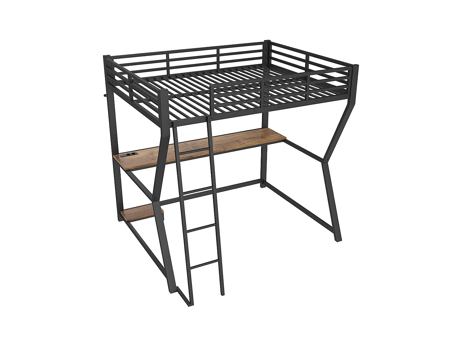 Lit mezzanine 140x200 cm LED bureau prise électrique USB garde-corps échelle sans matelas noir