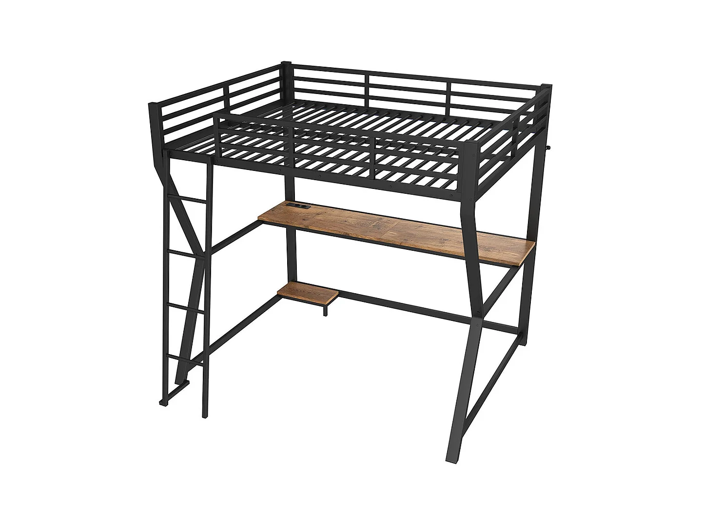 Lit mezzanine 140x200 cm LED bureau prise électrique USB garde-corps échelle sans matelas noir