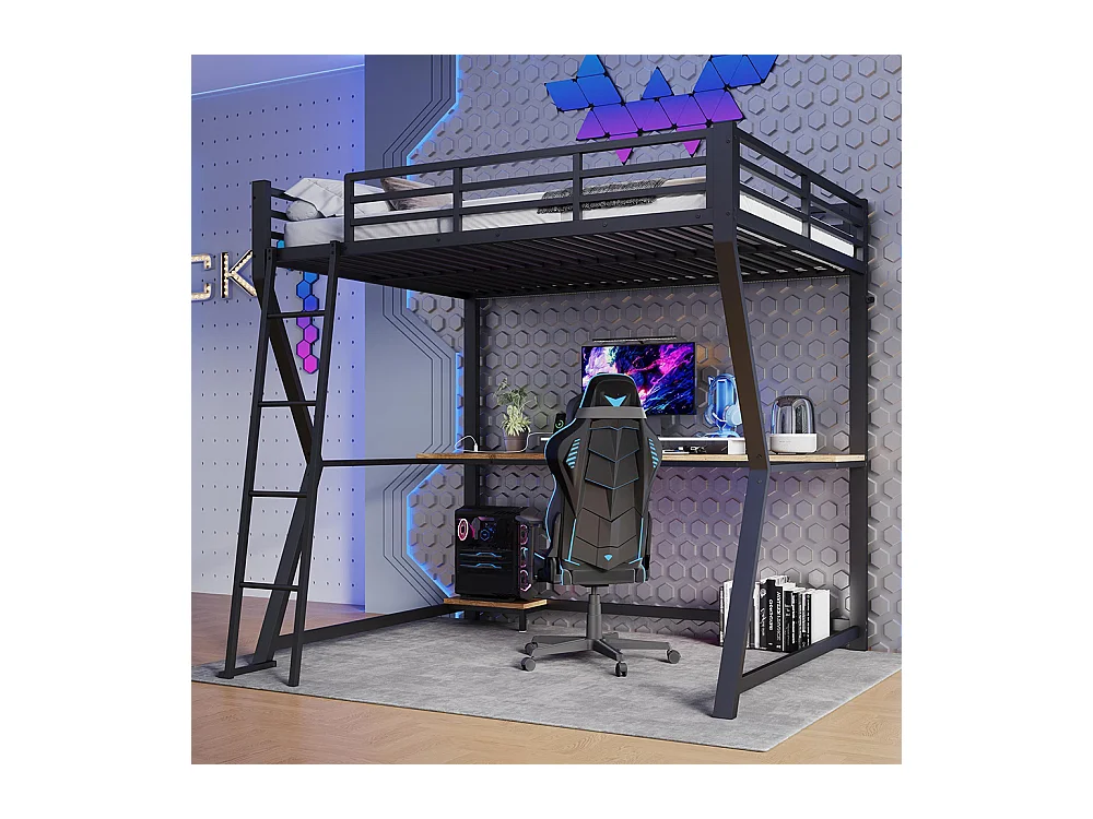 Lit mezzanine 140x200 cm LED bureau prise électrique USB garde-corps échelle sans matelas noir