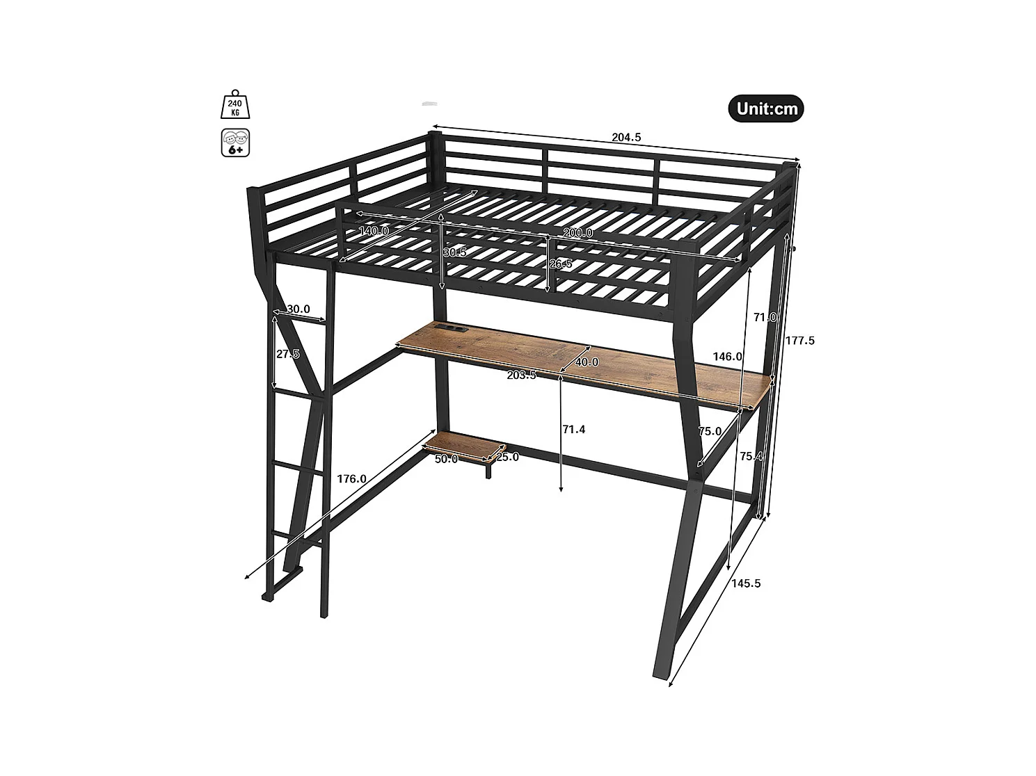 Lit mezzanine 140x200 cm LED bureau prise électrique USB garde-corps échelle sans matelas noir