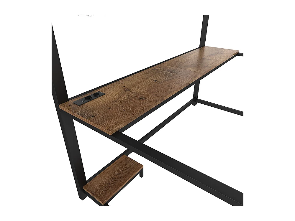 Lit mezzanine 140x200 cm LED bureau prise électrique USB garde-corps échelle sans matelas noir