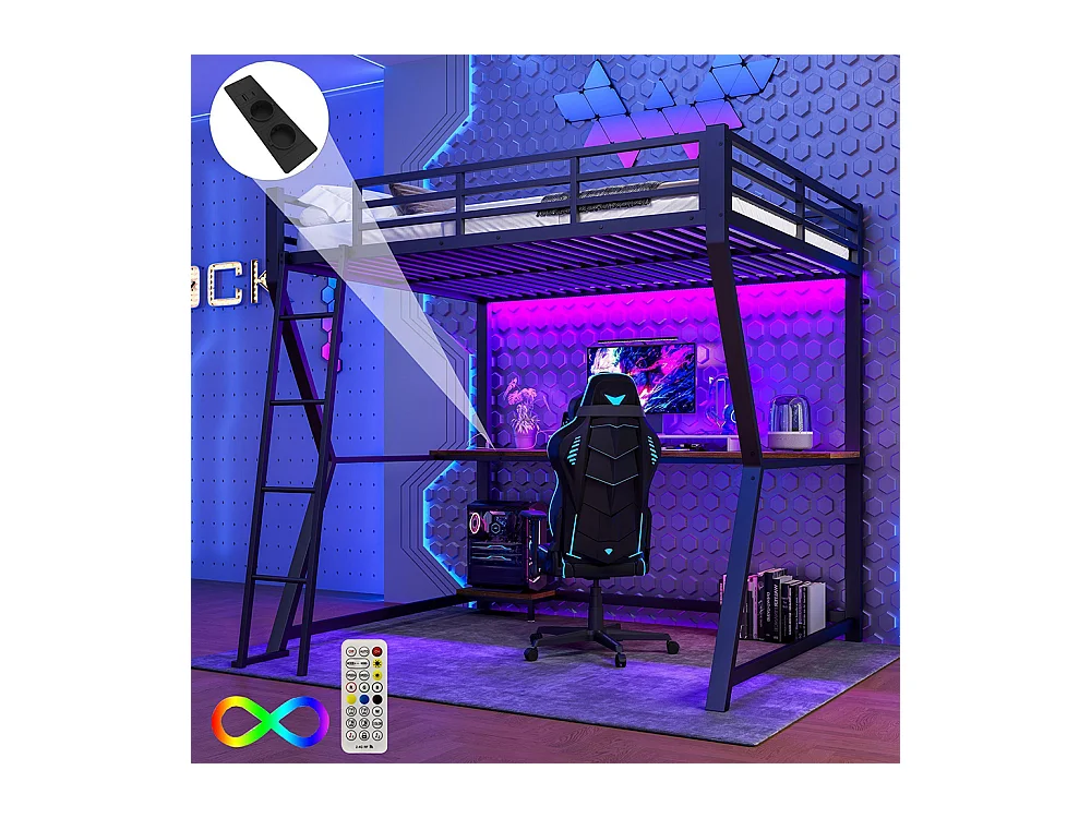 Lit mezzanine 140x200 cm LED bureau prise électrique USB garde-corps échelle sans matelas noir