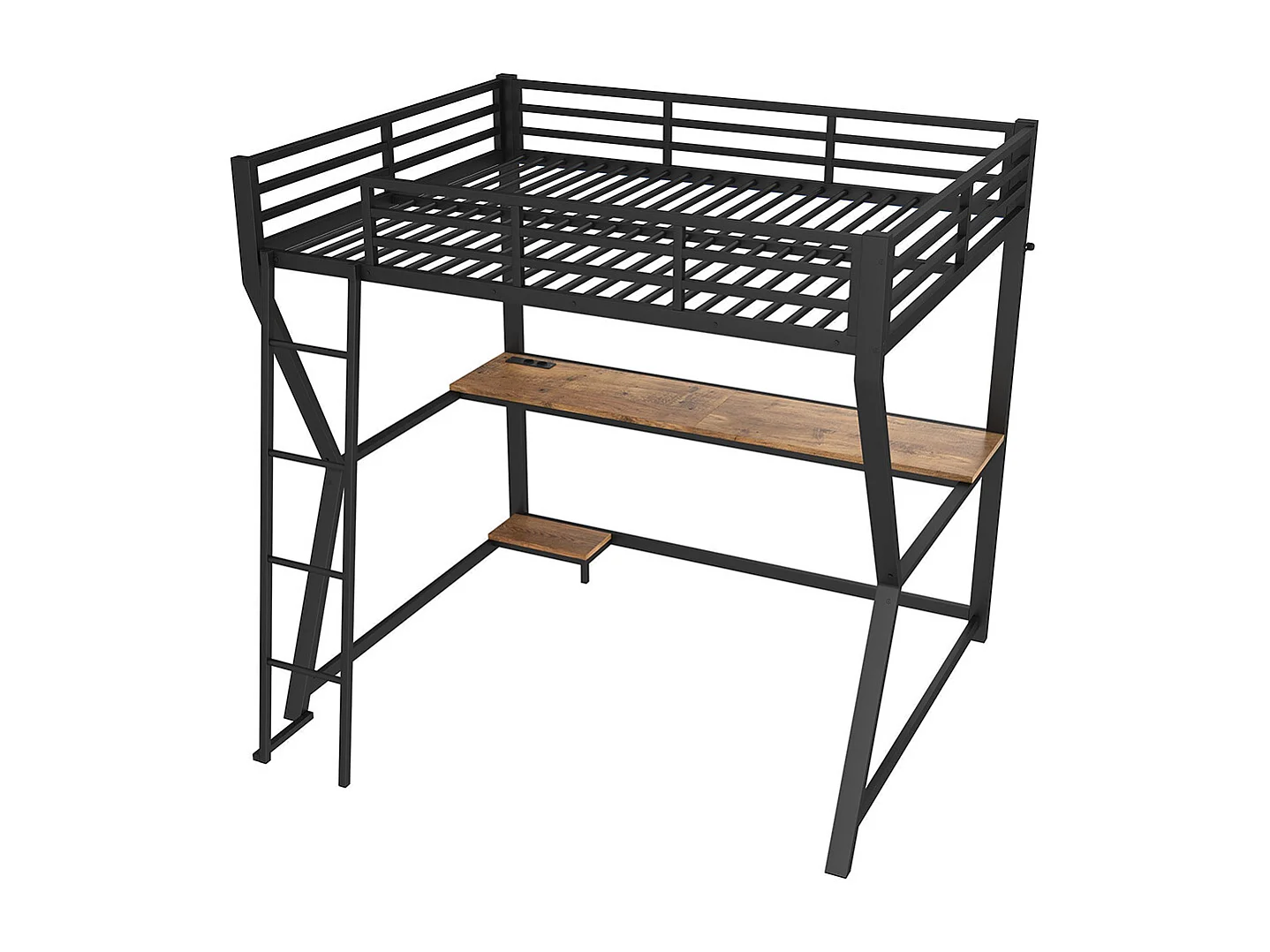 Lit mezzanine 140x200 cm LED bureau prise électrique USB garde-corps échelle sans matelas noir