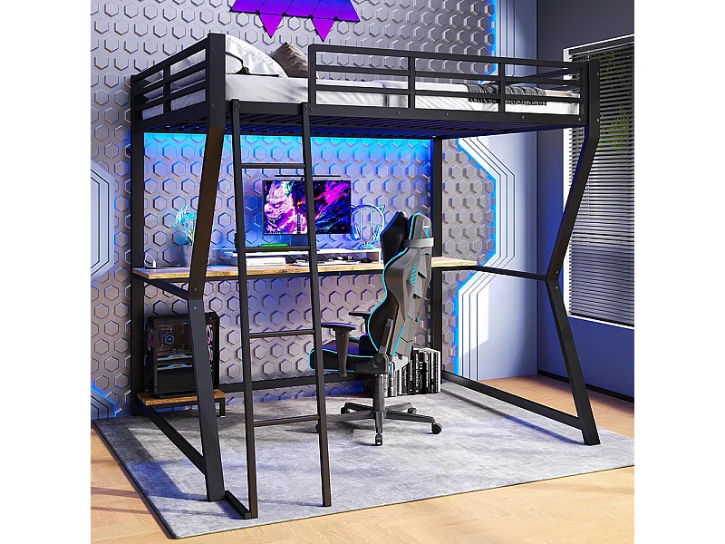 Lit mezzanine 140x200 cm LED bureau prise électrique USB garde-corps échelle sans matelas noir