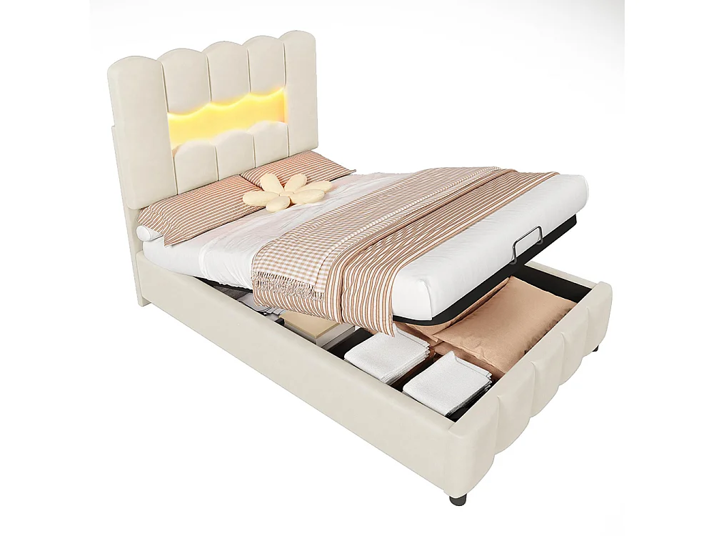 Lit coffre rembourré 90x200 cm sans matelas LED hydraulique tête réglable velours beige