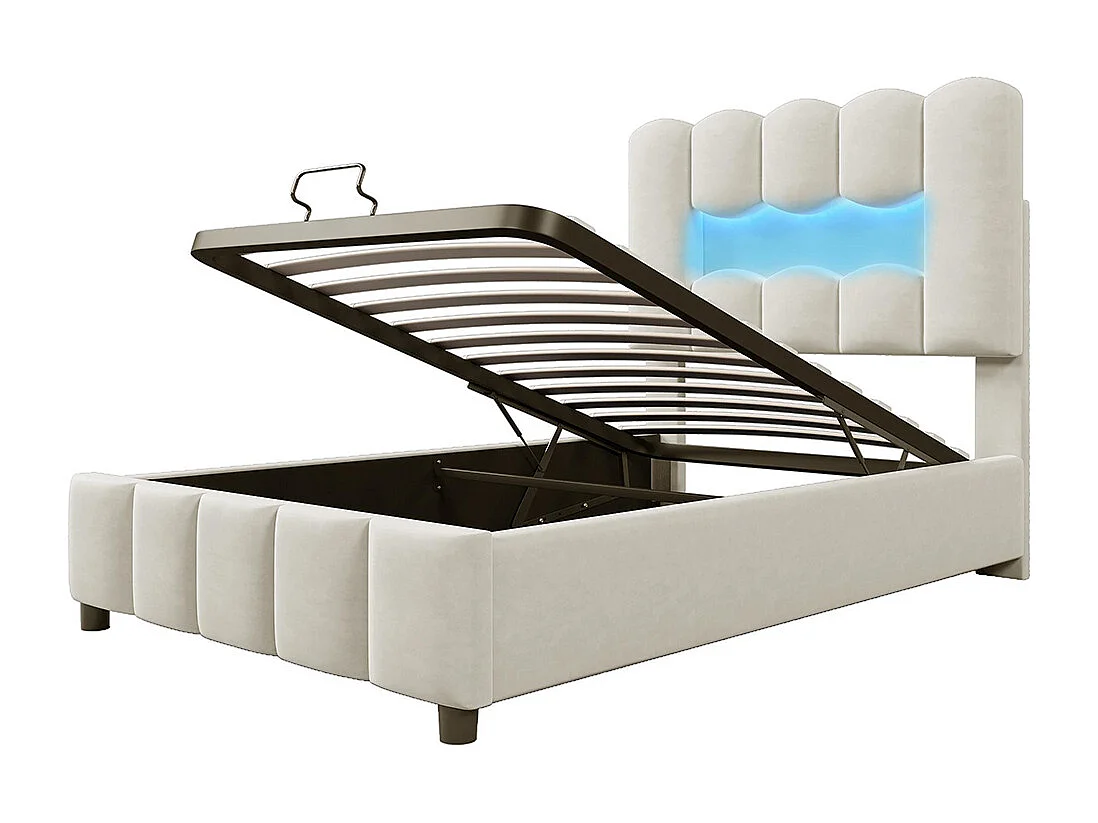 Lit coffre rembourré 90x200 cm sans matelas LED hydraulique tête réglable velours beige