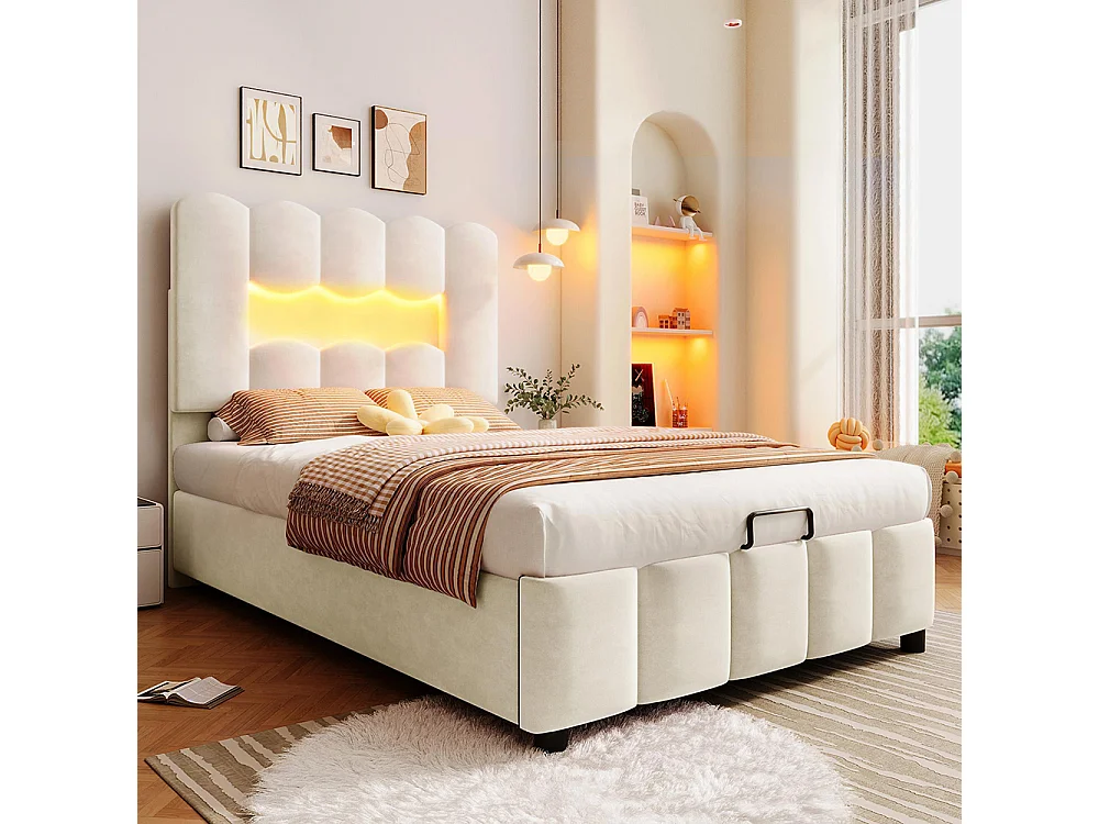 Lit coffre rembourré 90x200 cm sans matelas LED hydraulique tête réglable velours beige