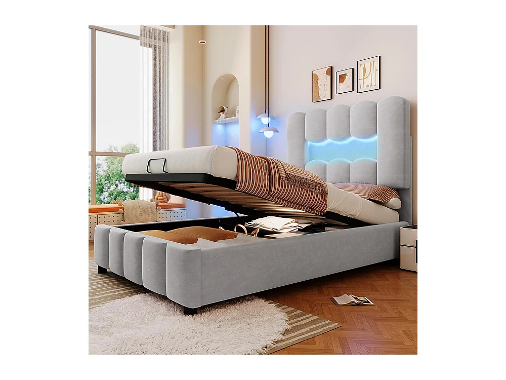 Lit coffre rembourré 90x200 cm sans matelas LED hydraulique tête réglable velours gris