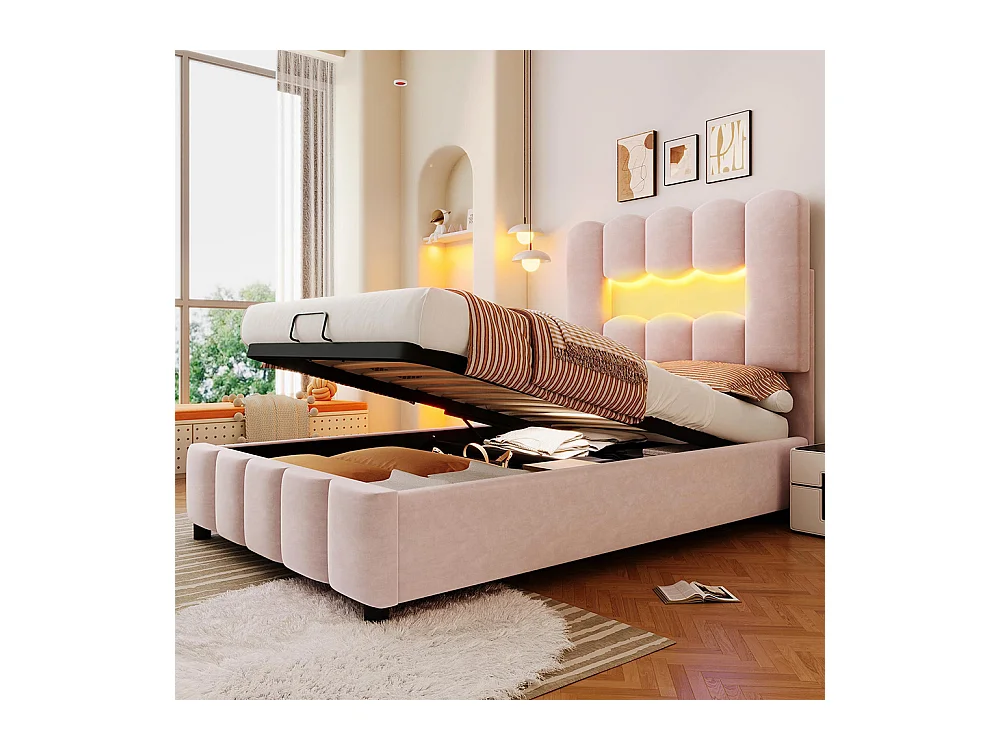 Lit coffre rembourré 90x200 cm sans matelas LED hydraulique tête réglable velours rose