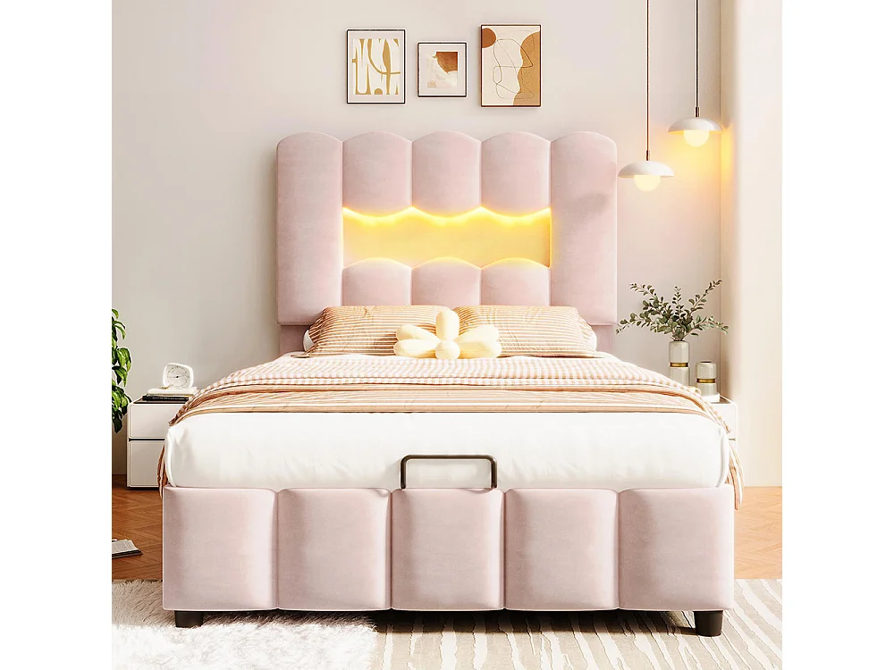 Lit coffre rembourré 90x200 cm sans matelas LED hydraulique tête réglable velours rose