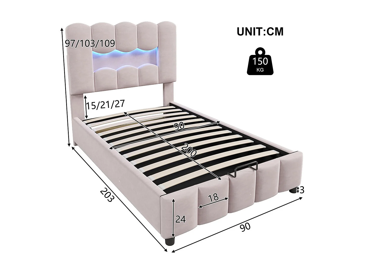 Lit coffre rembourré 90x200 cm sans matelas LED hydraulique tête réglable velours rose