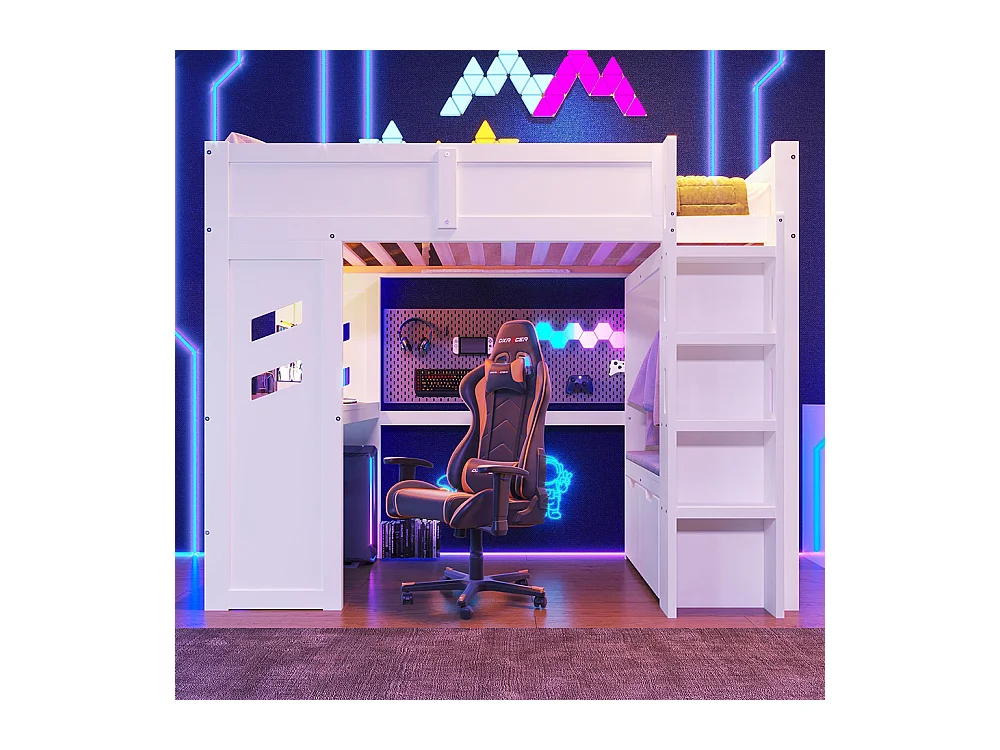 Lit mezzanine gaming 90x200 cm bureau LED USB Type-C échelle tiroir étendoir sans matelas blanc