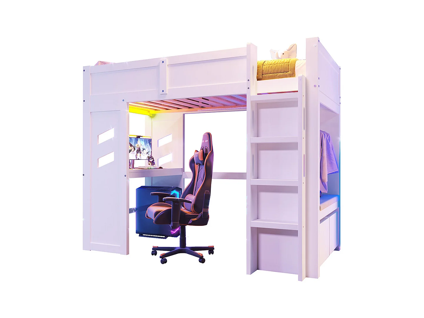 Lit mezzanine gaming 90x200 cm bureau LED USB Type-C échelle tiroir étendoir sans matelas blanc