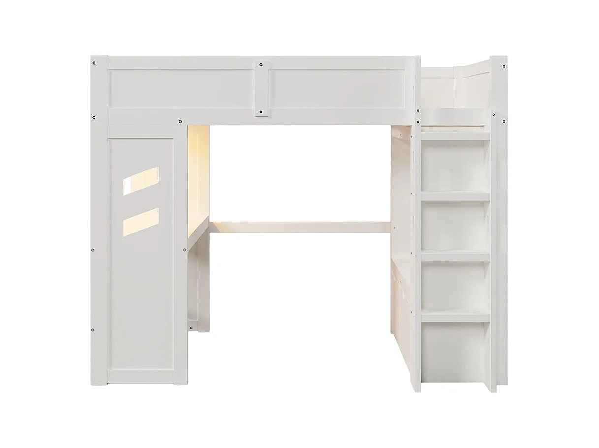 Lit mezzanine gaming 90x200 cm bureau LED USB Type-C échelle tiroir étendoir sans matelas blanc