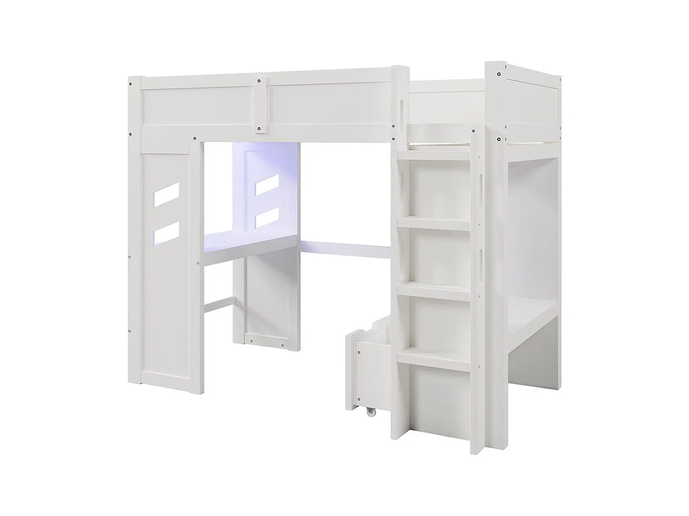 Lit mezzanine gaming 90x200 cm bureau LED USB Type-C échelle tiroir étendoir sans matelas blanc