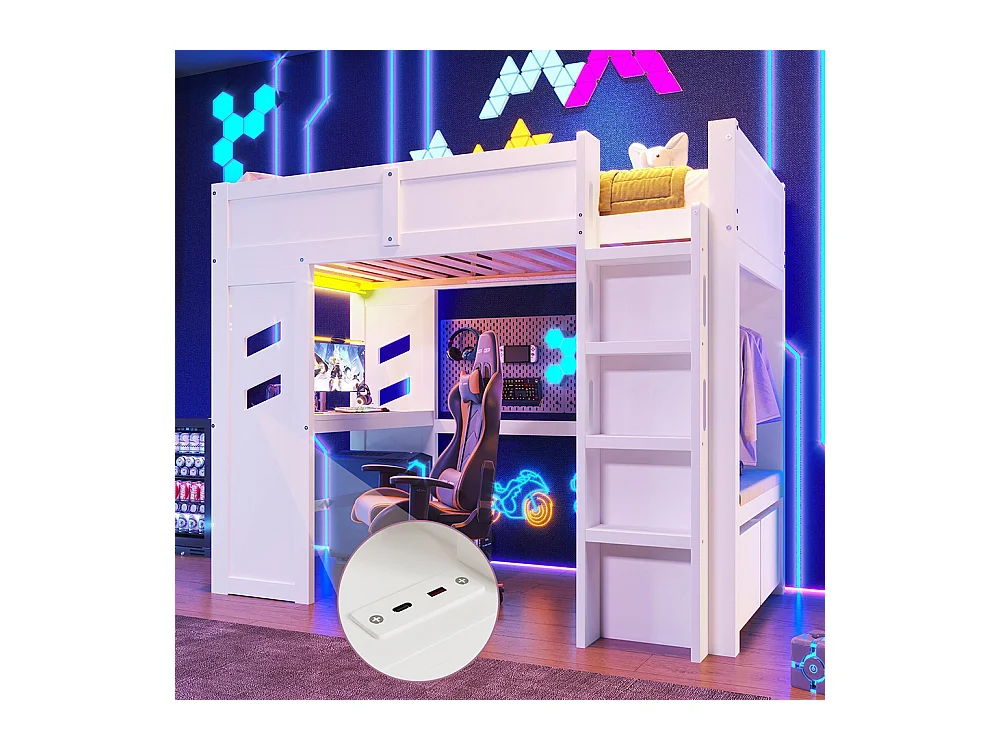 Lit mezzanine gaming 90x200 cm bureau LED USB Type-C échelle tiroir étendoir sans matelas blanc
