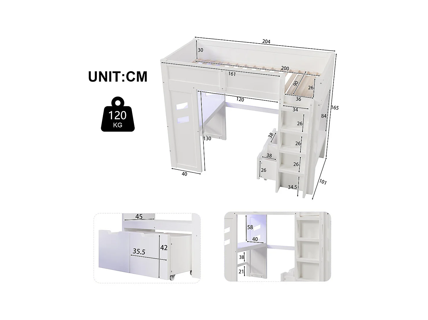Lit mezzanine gaming 90x200 cm bureau LED USB Type-C échelle tiroir étendoir sans matelas blanc