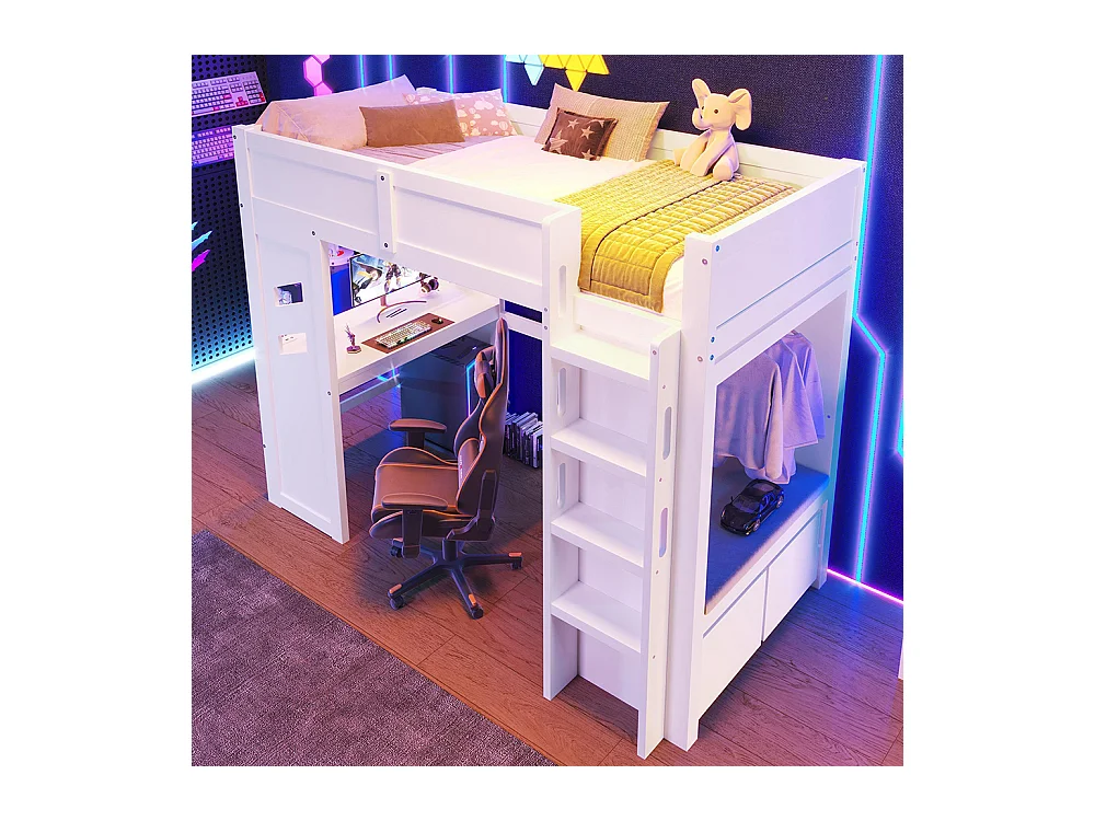 Lit mezzanine gaming 90x200 cm bureau LED USB Type-C échelle tiroir étendoir sans matelas blanc