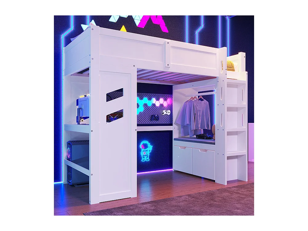Lit mezzanine gaming 90x200 cm bureau LED USB Type-C échelle tiroir étendoir sans matelas blanc