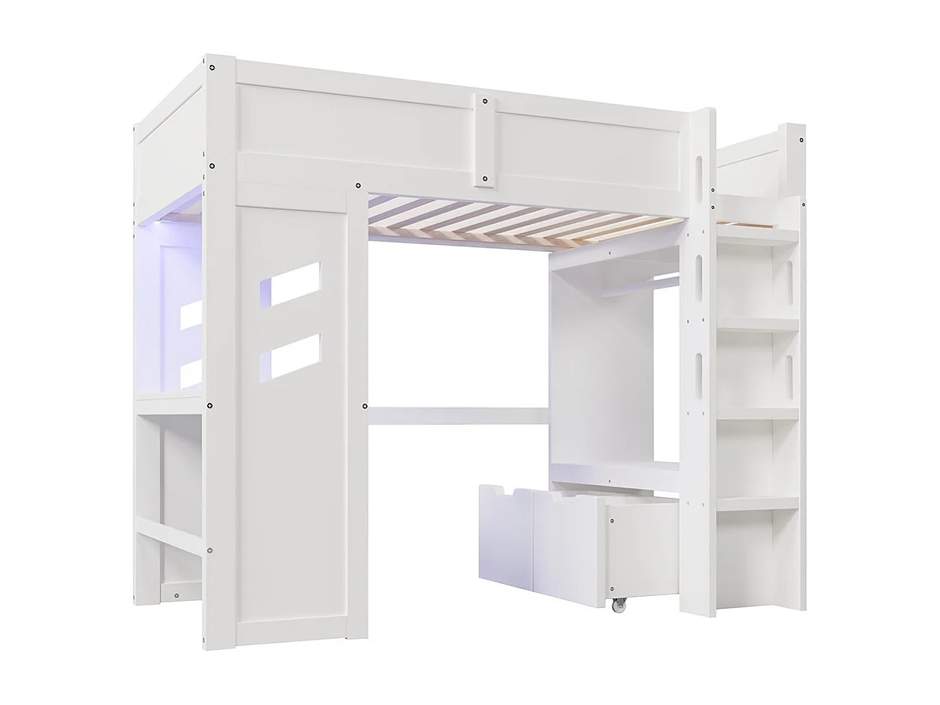 Lit mezzanine gaming 90x200 cm bureau LED USB Type-C échelle tiroir étendoir sans matelas blanc