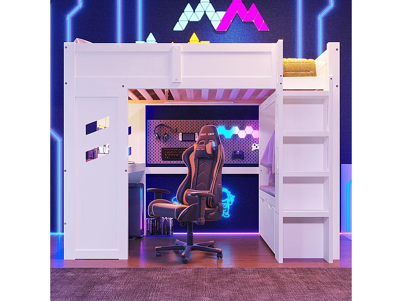 Lit mezzanine gaming 90x200 cm bureau LED USB Type-C échelle tiroir étendoir sans matelas blanc