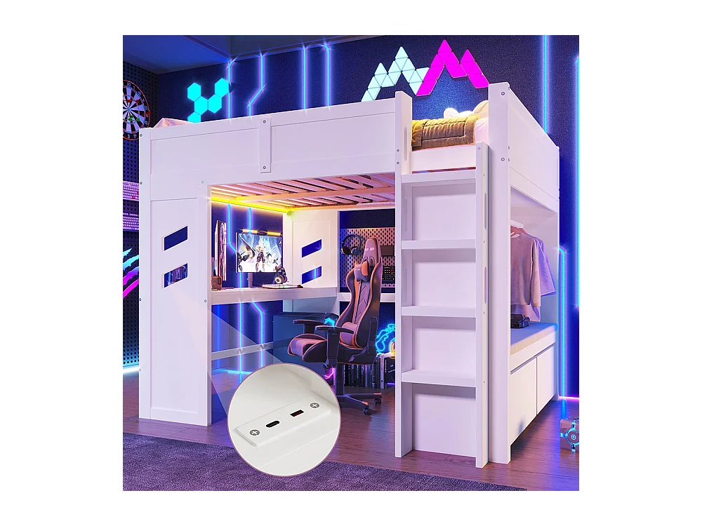Lit mezzanine gaming 140x200 cm bureau LED USB Type-C échelle tiroir étendoir sans matelas blanc