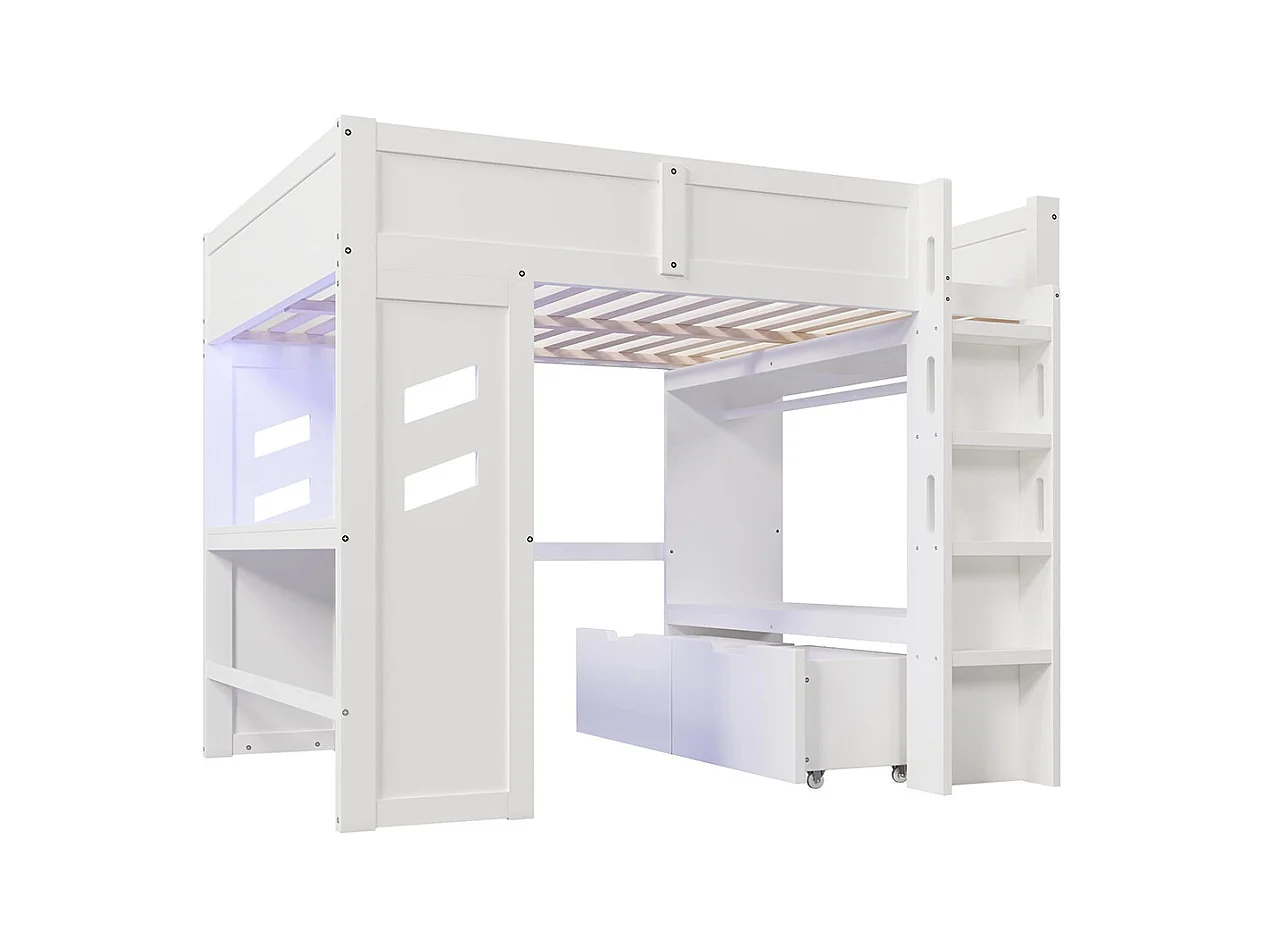 Lit mezzanine gaming 140x200 cm bureau LED USB Type-C échelle tiroir étendoir sans matelas blanc