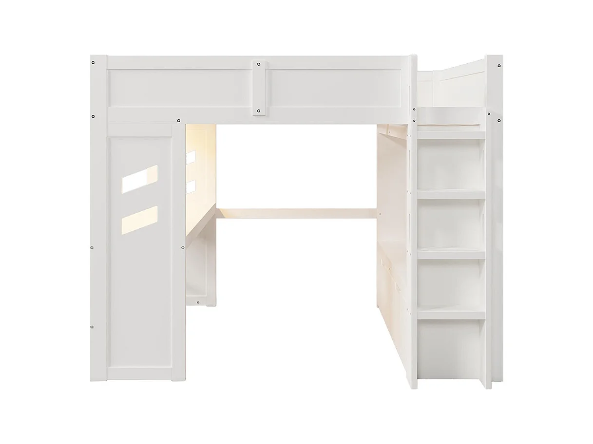 Lit mezzanine gaming 140x200 cm bureau LED USB Type-C échelle tiroir étendoir sans matelas blanc