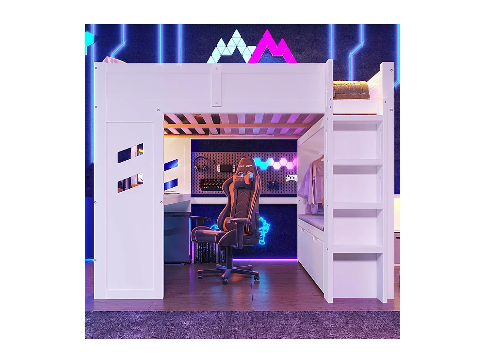Lit mezzanine gaming 140x200 cm bureau LED USB Type-C échelle tiroir étendoir sans matelas blanc