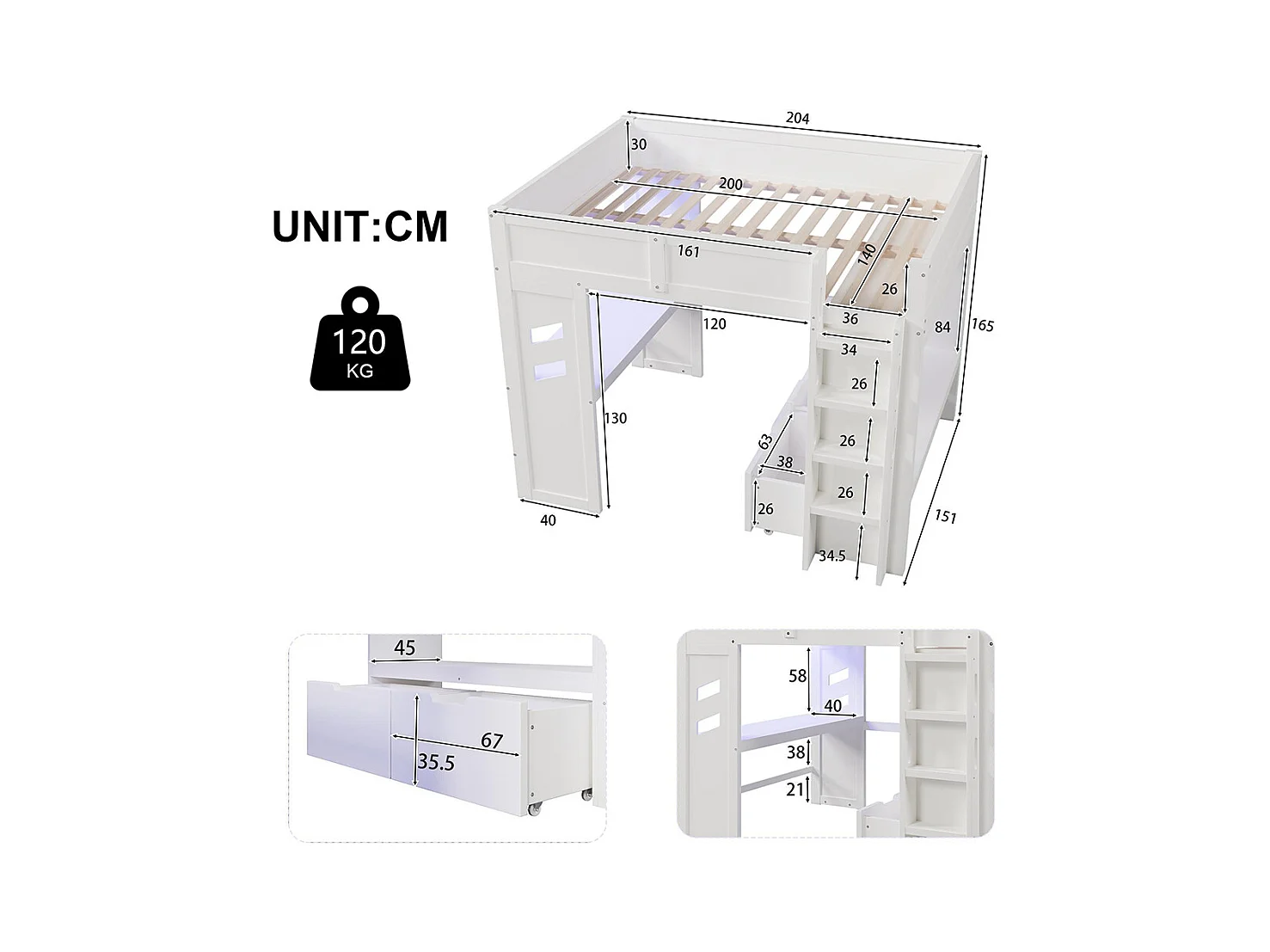 Lit mezzanine gaming 140x200 cm bureau LED USB Type-C échelle tiroir étendoir sans matelas blanc