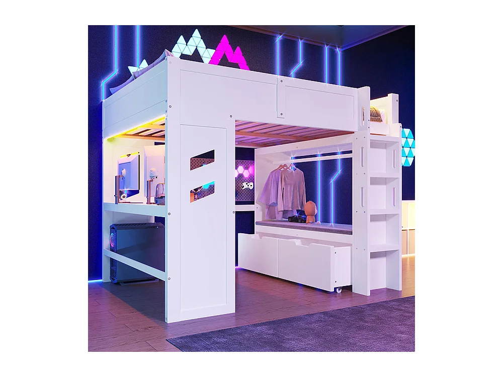 Lit mezzanine gaming 140x200 cm bureau LED USB Type-C échelle tiroir étendoir sans matelas blanc
