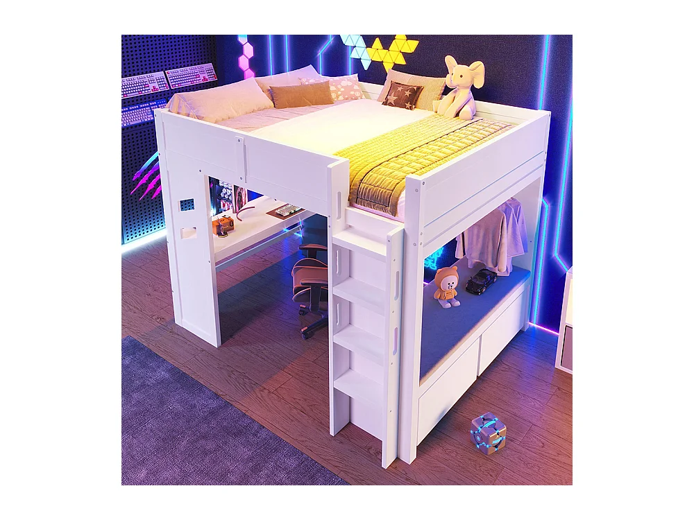 Lit mezzanine gaming 140x200 cm bureau LED USB Type-C échelle tiroir étendoir sans matelas blanc