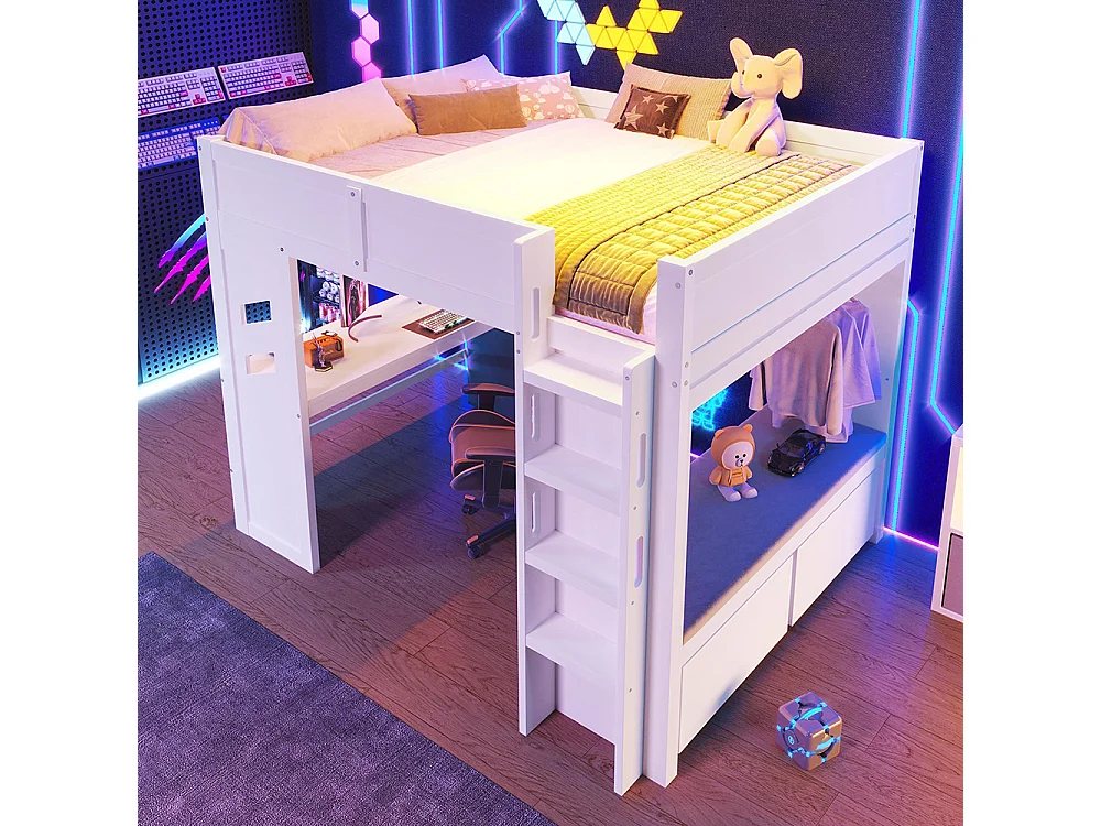 Lit mezzanine gaming 140x200 cm bureau LED USB Type-C échelle tiroir étendoir sans matelas blanc