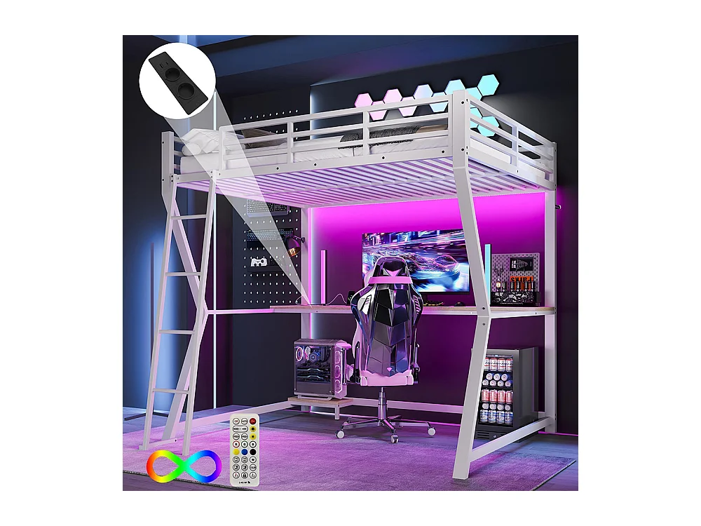 Lit mezzanine 140x200 cm LED bureau prise électrique USB garde-corps échelle sans matelas blanc