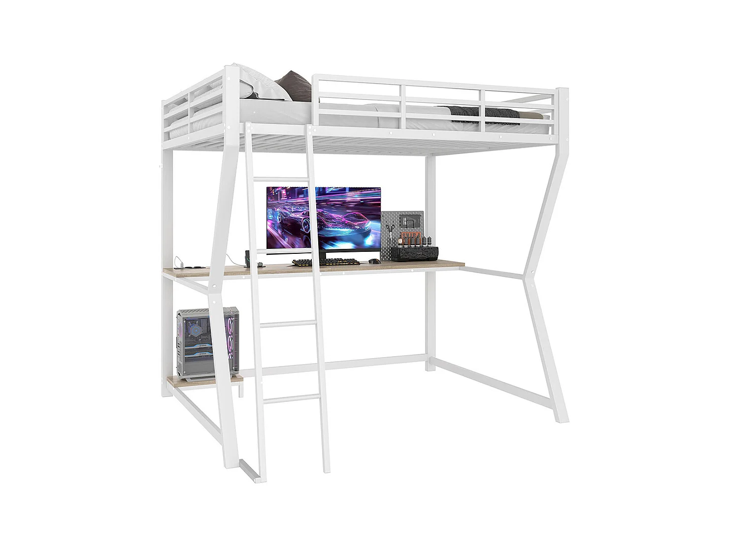 Lit mezzanine 140x200 cm LED bureau prise électrique USB garde-corps échelle sans matelas blanc