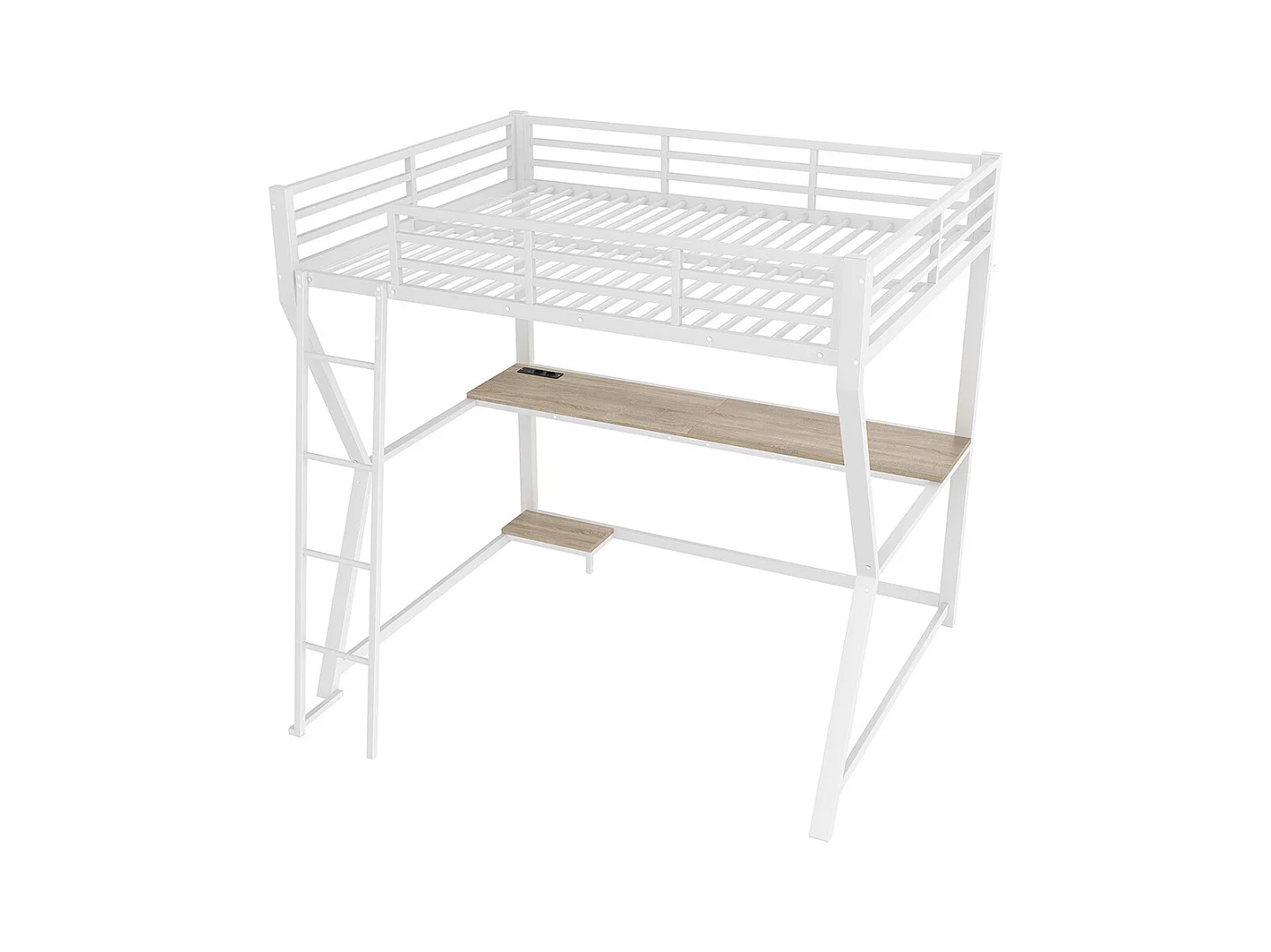 Lit mezzanine 140x200 cm LED bureau prise électrique USB garde-corps échelle sans matelas blanc