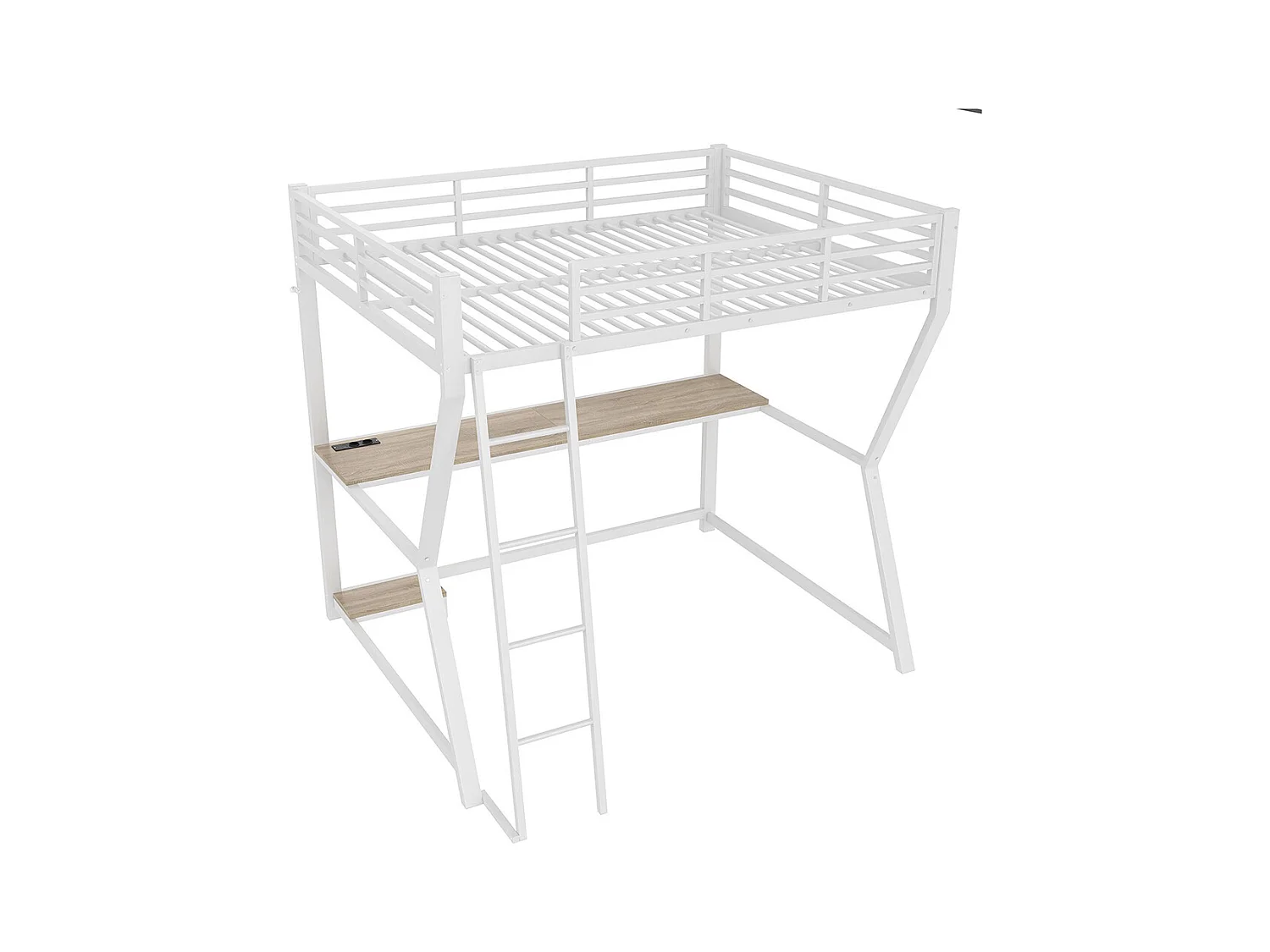 Lit mezzanine 140x200 cm LED bureau prise électrique USB garde-corps échelle sans matelas blanc