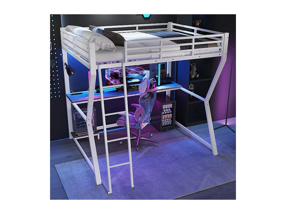 Lit mezzanine 140x200 cm LED bureau prise électrique USB garde-corps échelle sans matelas blanc