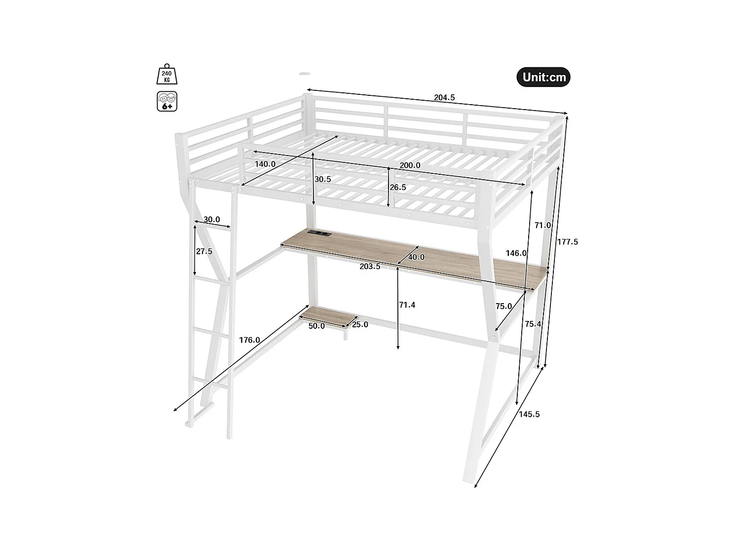 Lit mezzanine 140x200 cm LED bureau prise électrique USB garde-corps échelle sans matelas blanc