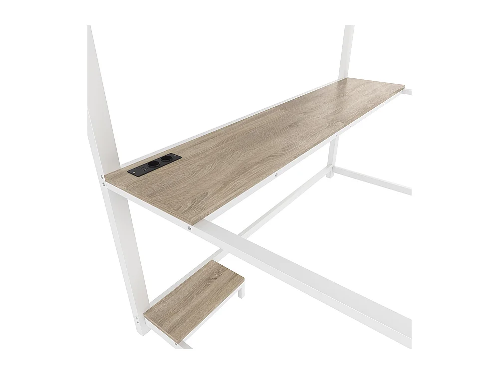 Lit mezzanine 140x200 cm LED bureau prise électrique USB garde-corps échelle sans matelas blanc