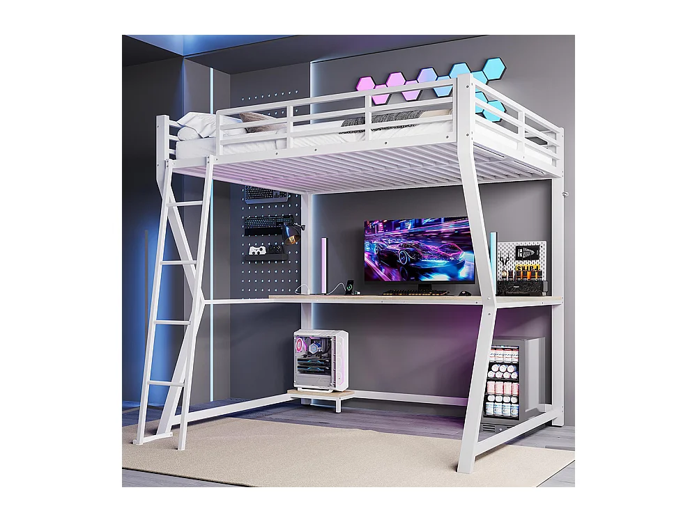 Lit mezzanine 140x200 cm LED bureau prise électrique USB garde-corps échelle sans matelas blanc