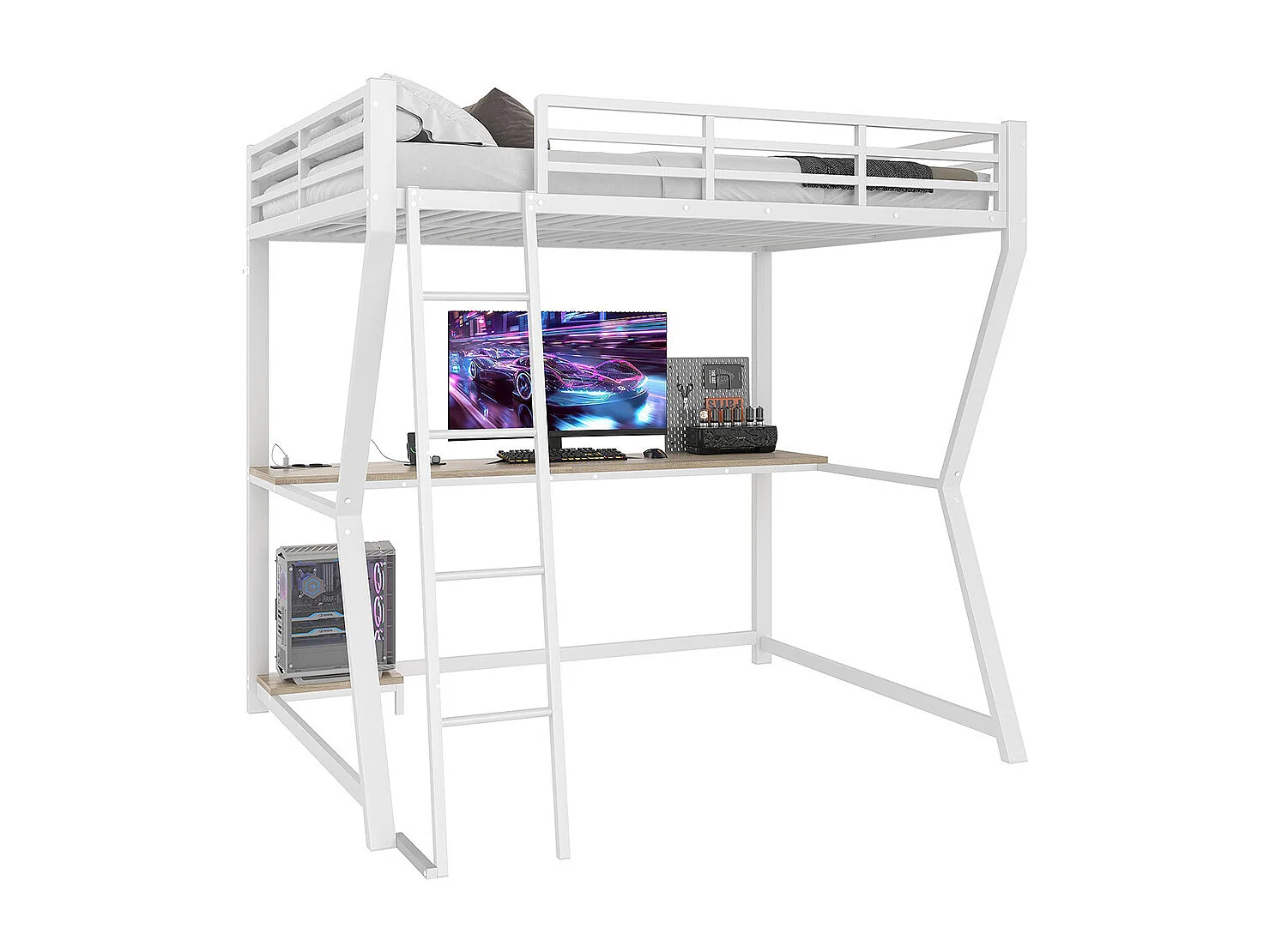 Lit mezzanine 140x200 cm LED bureau prise électrique USB garde-corps échelle sans matelas blanc
