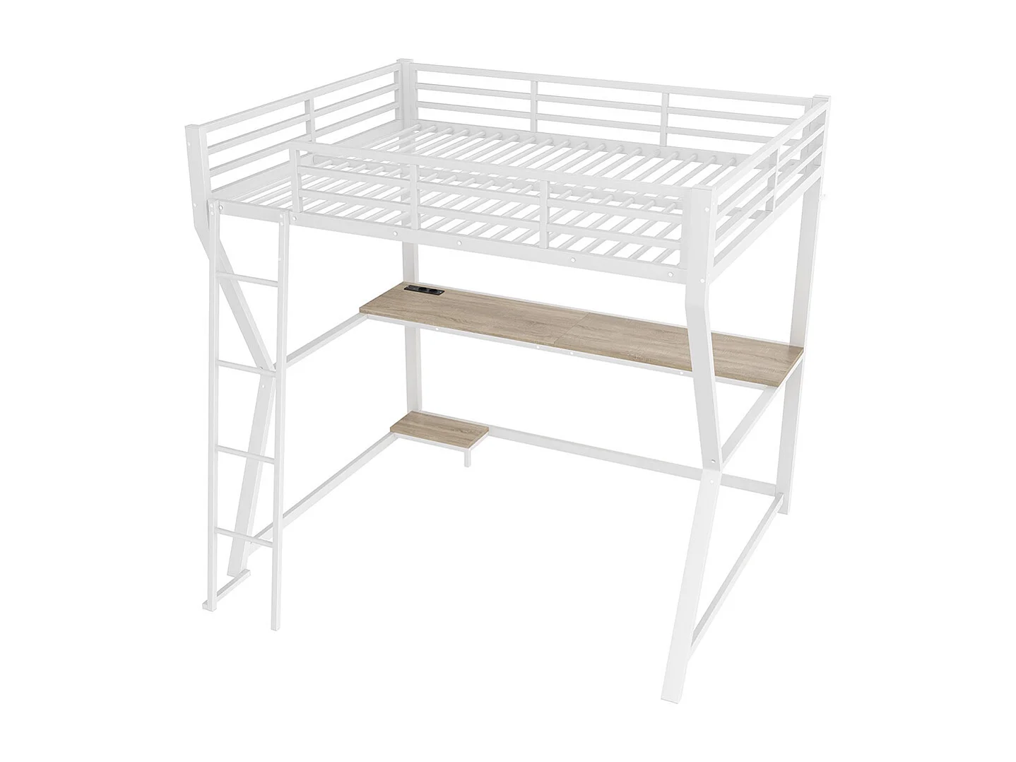 Lit mezzanine 140x200 cm LED bureau prise électrique USB garde-corps échelle sans matelas blanc