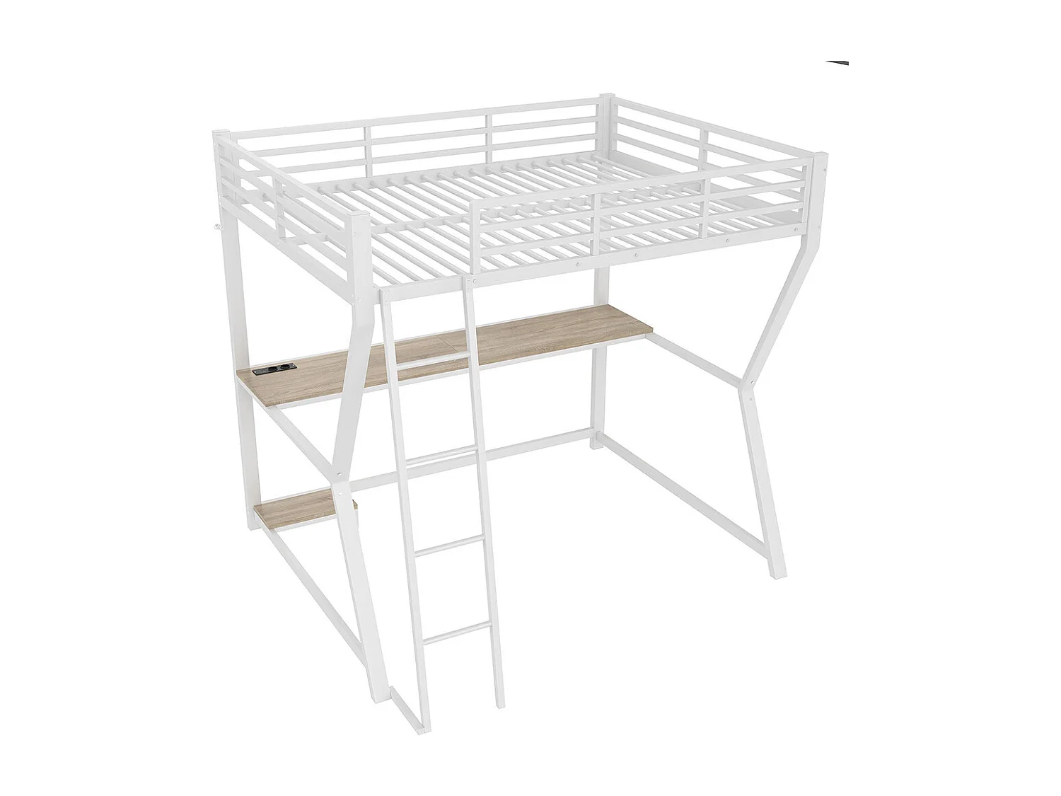 Lit mezzanine 140x200 cm LED bureau prise électrique USB garde-corps échelle sans matelas blanc