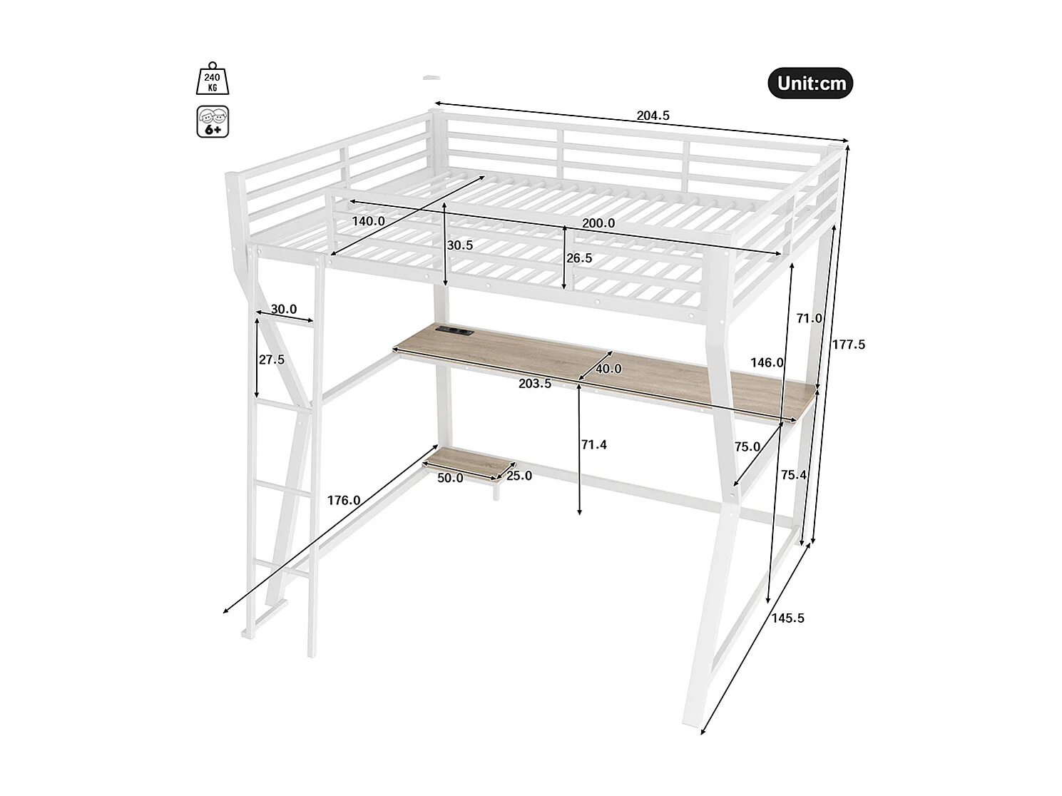 Lit mezzanine 140x200 cm LED bureau prise électrique USB garde-corps échelle sans matelas blanc