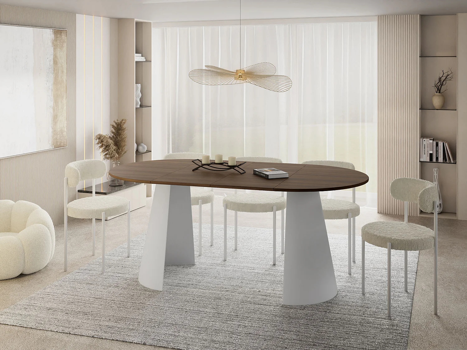 Table à Manger Ronde Extensible – 100 à 180 cm – Table Industrielle avec Pieds en Métal Coniques Blancs pour 5 à 8 Personnes – Gain de Place – Marron Noyer