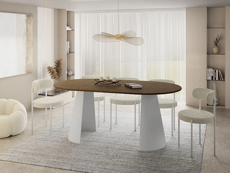 Table à Manger Ronde Extensible – 120 à 200cm – Table Industrielle avec Pieds en Métal Coniques Blancs pour 6 à 10 Personnes – Gain de Place – Chêne Marron Rustique