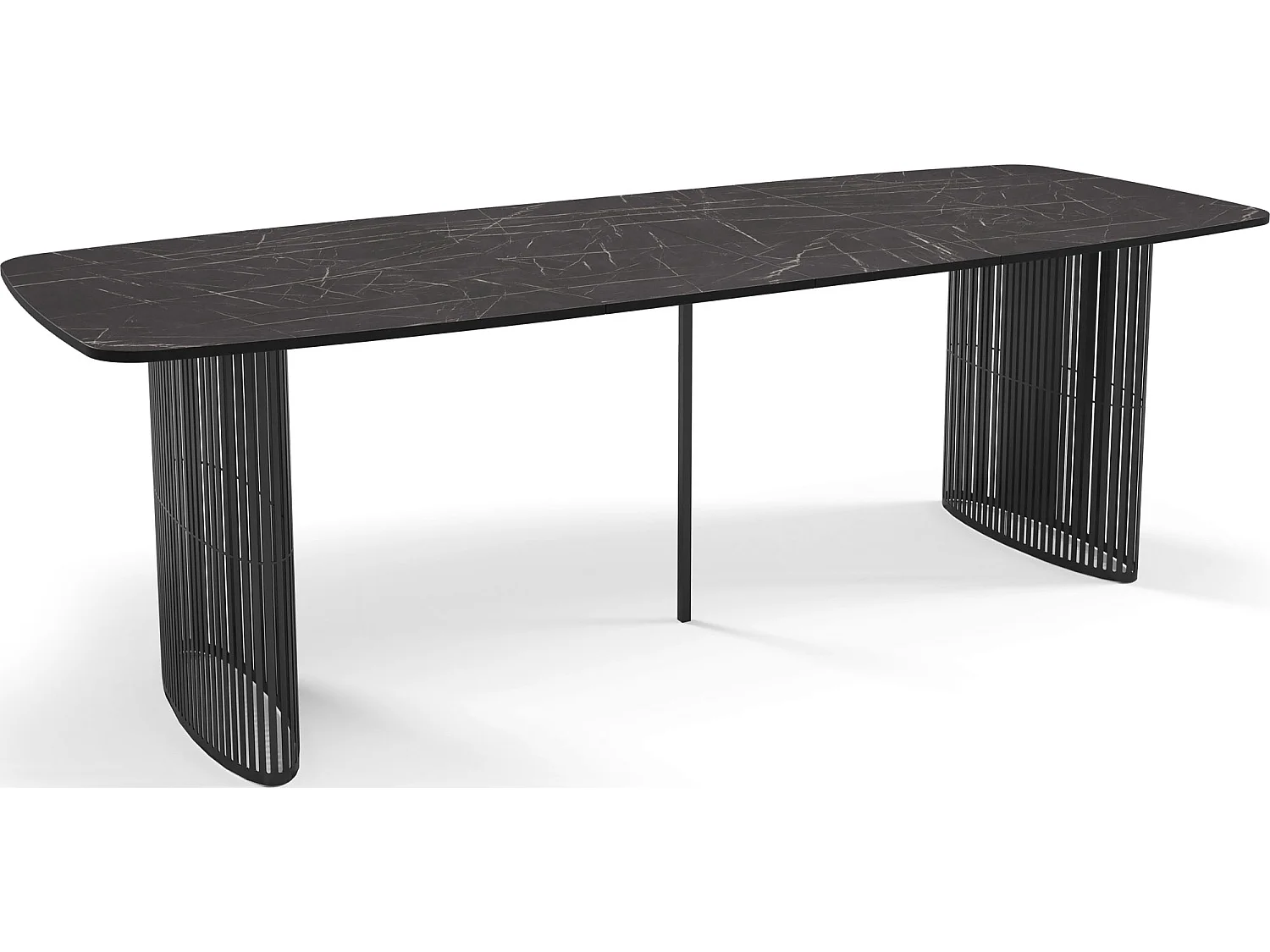 Table à Manger Rectangulaire Extensible à Lamelles Style Loft – 200 à 280 cm – Table avec Pieds en Métal Noir, Coins Arrondis pour 12-16 Personnes – Marbre Noir
