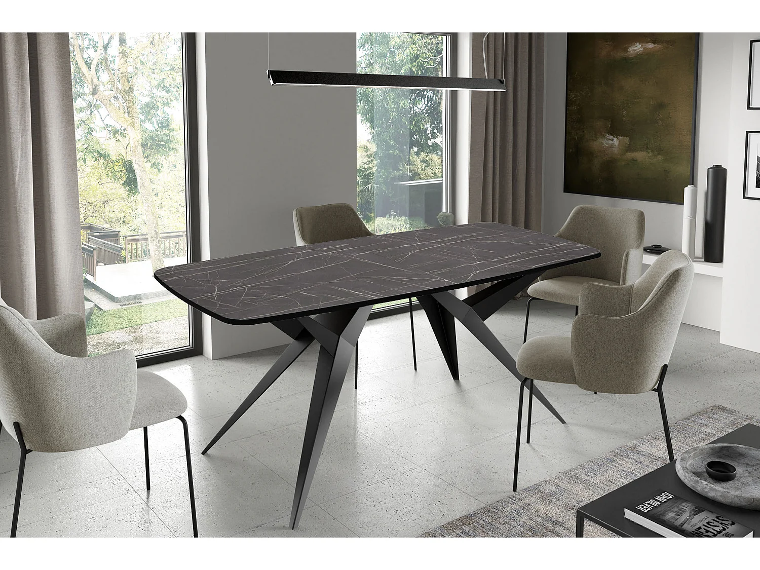 Ausziehbarer Esstisch im Loft-Stil – Rechteckiger Tisch mit Schwarzen Metallbeinen – Industrietisch mit Abgerundeten Ecken für 8-12 Personen – 180 cm Marmor Schwarz