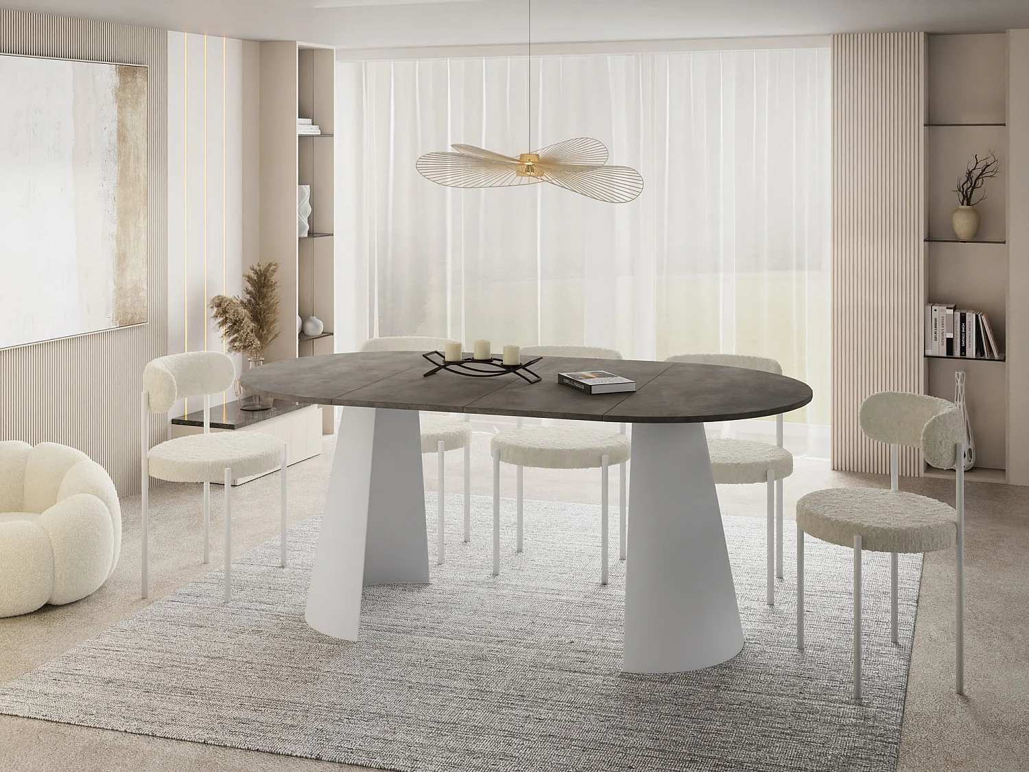 Esstisch Rund Ausziehbar im Loft-Stil – 120 cm – Industrieller Tisch mit Weißen Konischem Metallbeinen für 6-10 Personen, Wohnzimmer – Beton-Optik Dunkelgrau